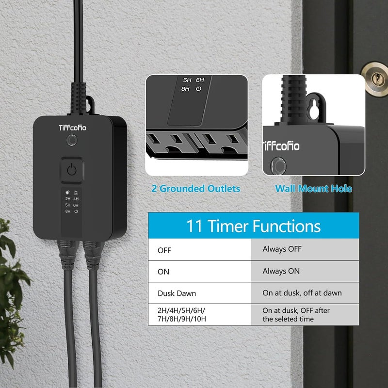 Tiffcofio Outdoor Timer Waterproof, Remote Control Dusk to Dawn Sensor Countdown, 100 ft Range, 2 Grouded Electrical Outlets for Home and Garden, 15A 1/2HP, Heavy Duty, ETL Listed (2 Packs) - Image 4